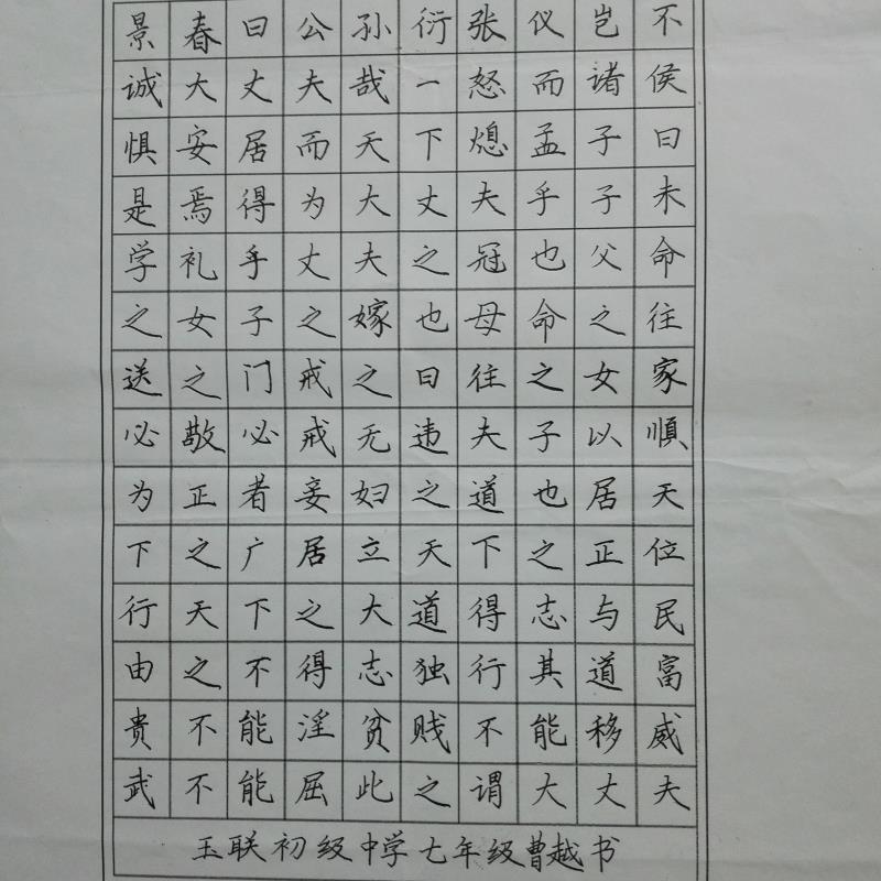 揭阳 揭东区玉湖镇玉联初级中学 硬笔中学组 曹越